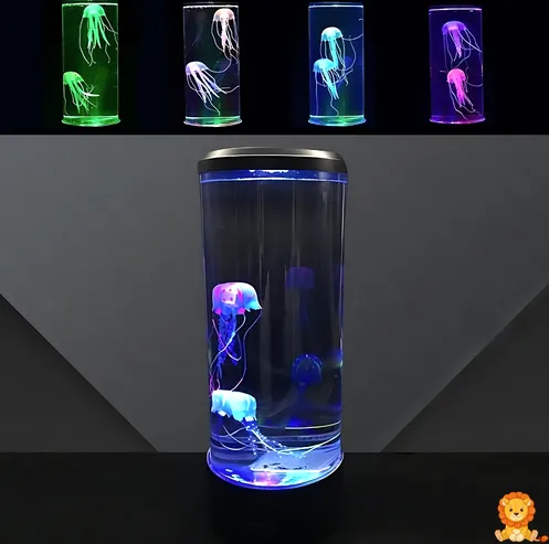 Veilleuse aquarium LED avec méduses artificielles flottantes, éclairage multicolore, base noire, créant une ambiance relaxante et apaisante, idéale pour une chambre d'enfant ou un salon. - View 7
