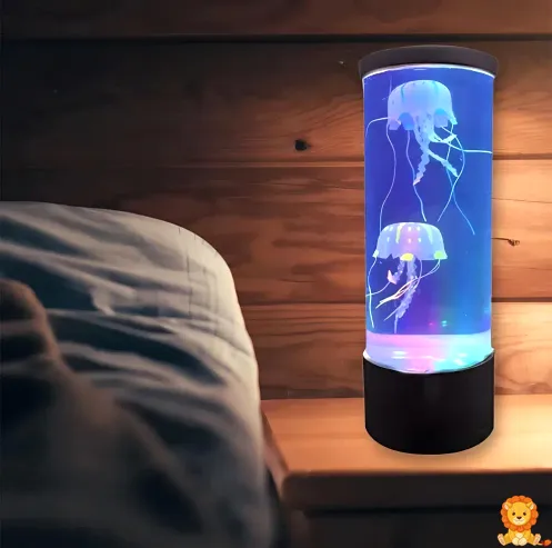Veilleuse aquarium LED avec méduses artificielles flottantes, éclairage multicolore, base noire, créant une ambiance relaxante et apaisante, idéale pour une chambre d'enfant ou un salon. - View 6