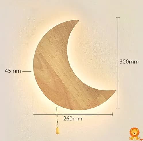 Lesena nočna lučka v obliki lune, izdelana iz kakovostnega lesa, s toplo in nežno svetlobo, idealna za otroško sobo ali spalnico. - View 5