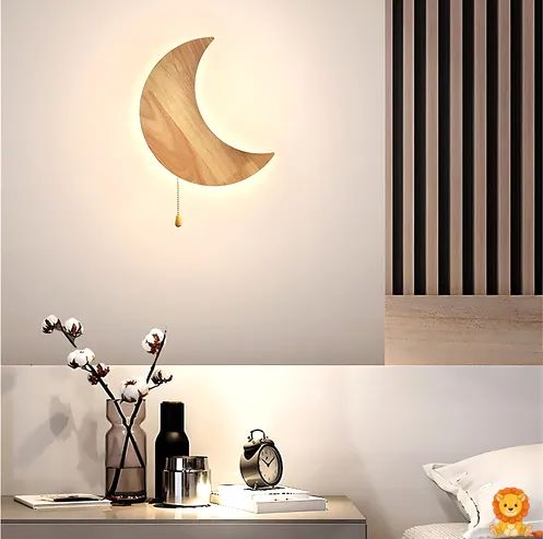 Lesena nočna lučka v obliki lune, izdelana iz kakovostnega lesa, s toplo in nežno svetlobo, idealna za otroško sobo ali spalnico. - View 3