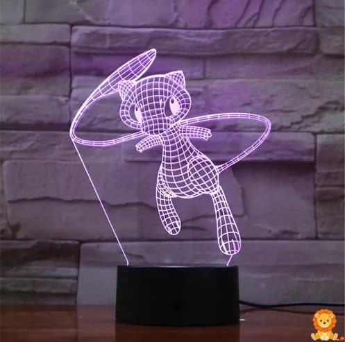 Luz nocturna Veilleuse Pokemon Mew, con diseño detallado de Mew flotando, emitiendo una luz suave y relajante, ideal para habitaciones infantiles y fans de Pokémon.